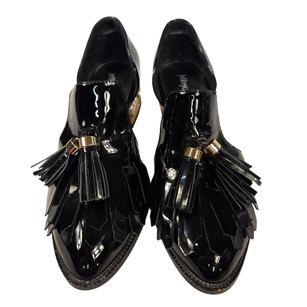 Jeffrey Campbell Black Patent Pearl Heel Tassel Kiltie Loafers dOrsay Shoes